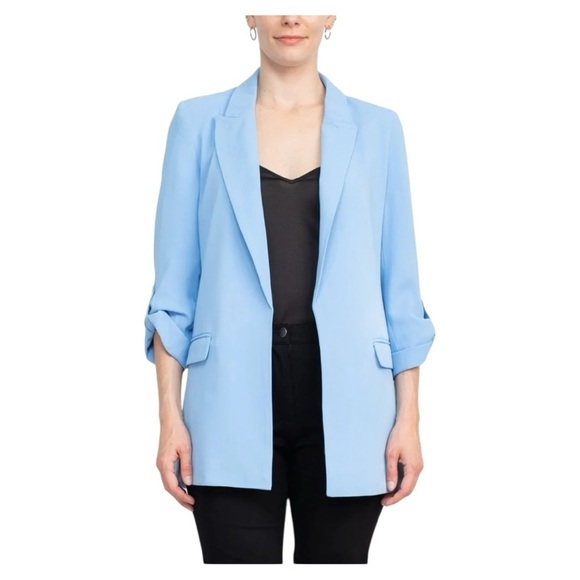 T Tahari Jackets & Blazers - T Tahari Lapel Collar 3/4 Roll Sleeve Open Front Woven Blazer